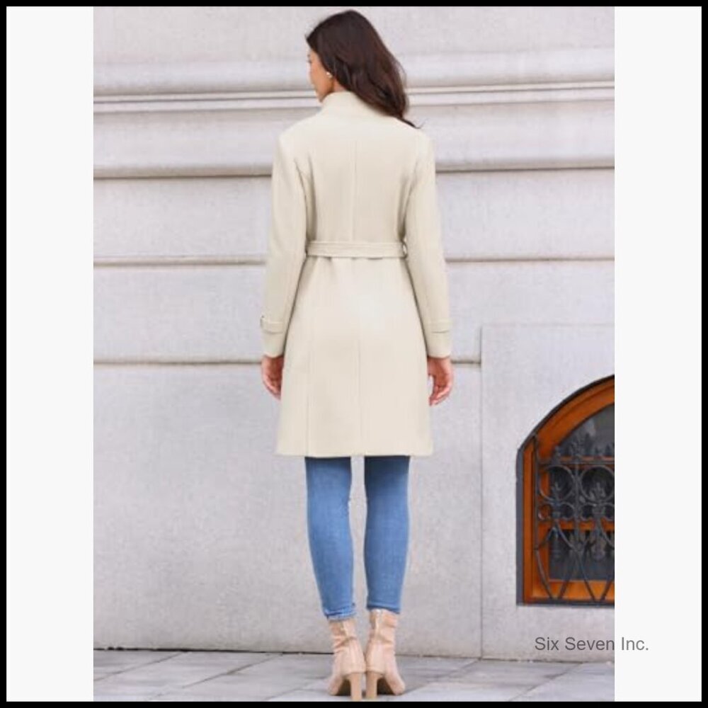 Polyester Pea Coat with Belt Double Breasted Trench Winter Coat - Picture 3 of 6